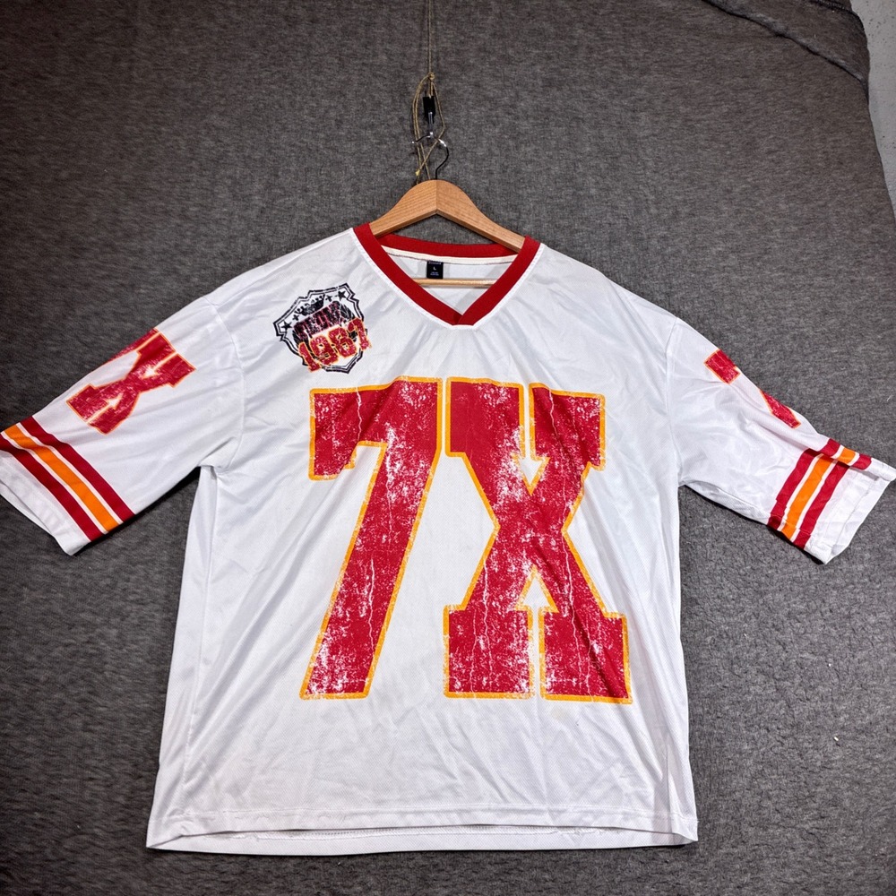 Romwe Jersey Shirt Mens Large White Distressed Graphic V-Neck Short Sleeve